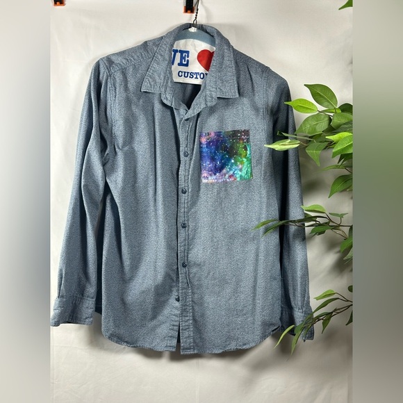 On the Byas Denim Blue Button Down Shirt - Picture 2 of 8